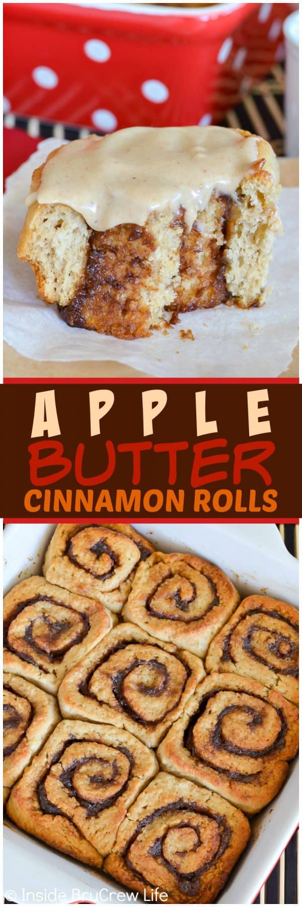 Apple Butter Cinnamon Rolls - three times the apple butter love makes these soft and fluffy rolls a delicious breakfast choice. Easy recipe for fall mornings.