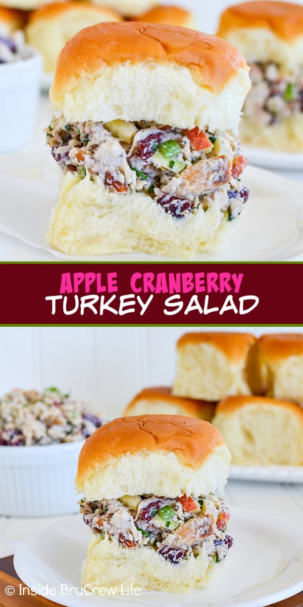 Two pictures of Apple Cranberry Turkey Salad collaged together with a burgundy text box