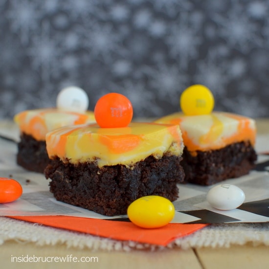 Candy Corn M and M Fudge Brownies - brownies with a white chocolate candy corn colored fudge and M and M's www.insidebrucrewlife.com