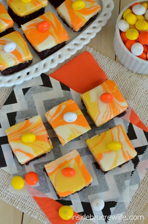 Candy Corn M and M Fudge Brownies - brownies with a white chocolate candy corn colored fudge and M and M's www.insidebrucrewlife.com