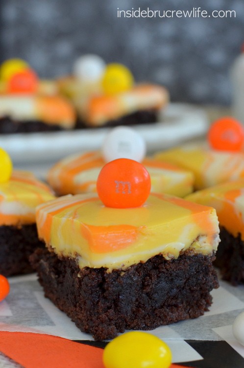 Candy Corn M and M Fudge Brownies - brownies with a white chocolate candy corn colored fudge and M and M's www.insidebrucrewlife.com