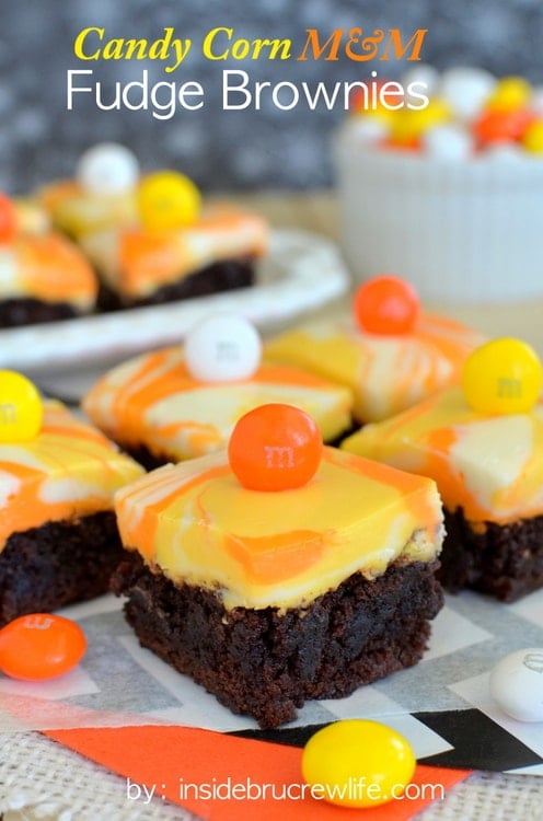 Candy Corn M and M Fudge Brownies - brownies with a white chocolate candy corn colored fudge and M and M's www.insidebrucrewlife.com