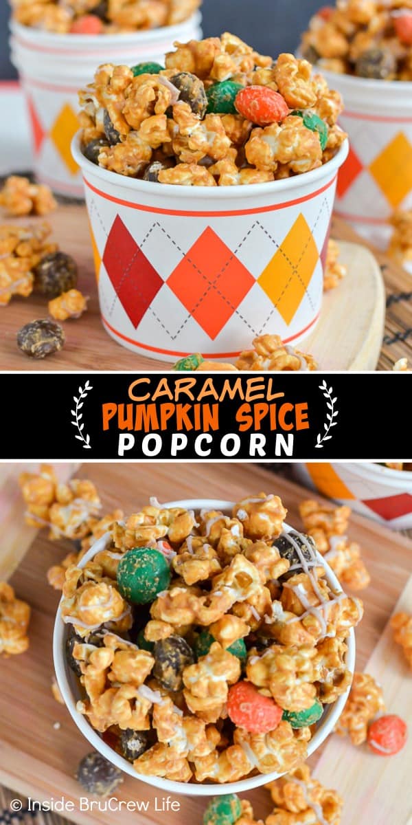 Caramel Pumpkin Spice Popcorn - caramel covered popcorn tossed with pumpkin spice candies and marshmallows makes this snack mix disappear in a hurry. Great recipe to make for fall parties!