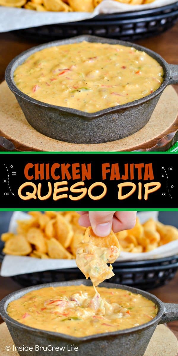Two pictures of chicken fajita queso dip collaged together with a black text box.