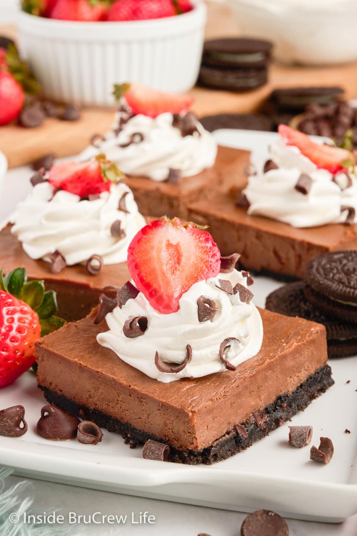 Chocolate cheesecake squares on a white tray.
