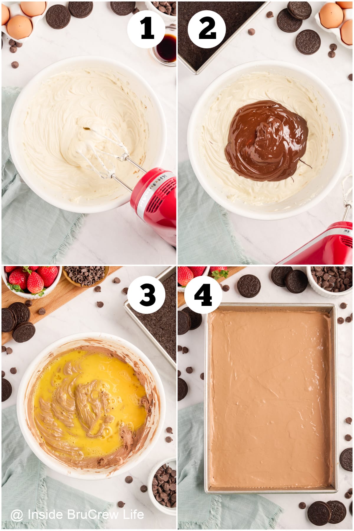 Four pictures collaged together showing how to make the batter for cheesecake bars.