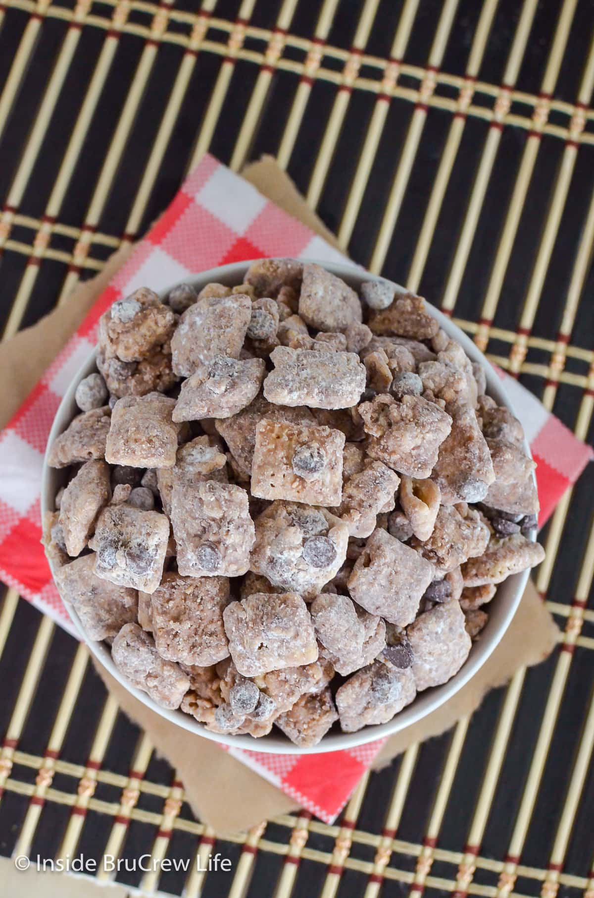 Overhead picture of a bowl of muddy buddies.