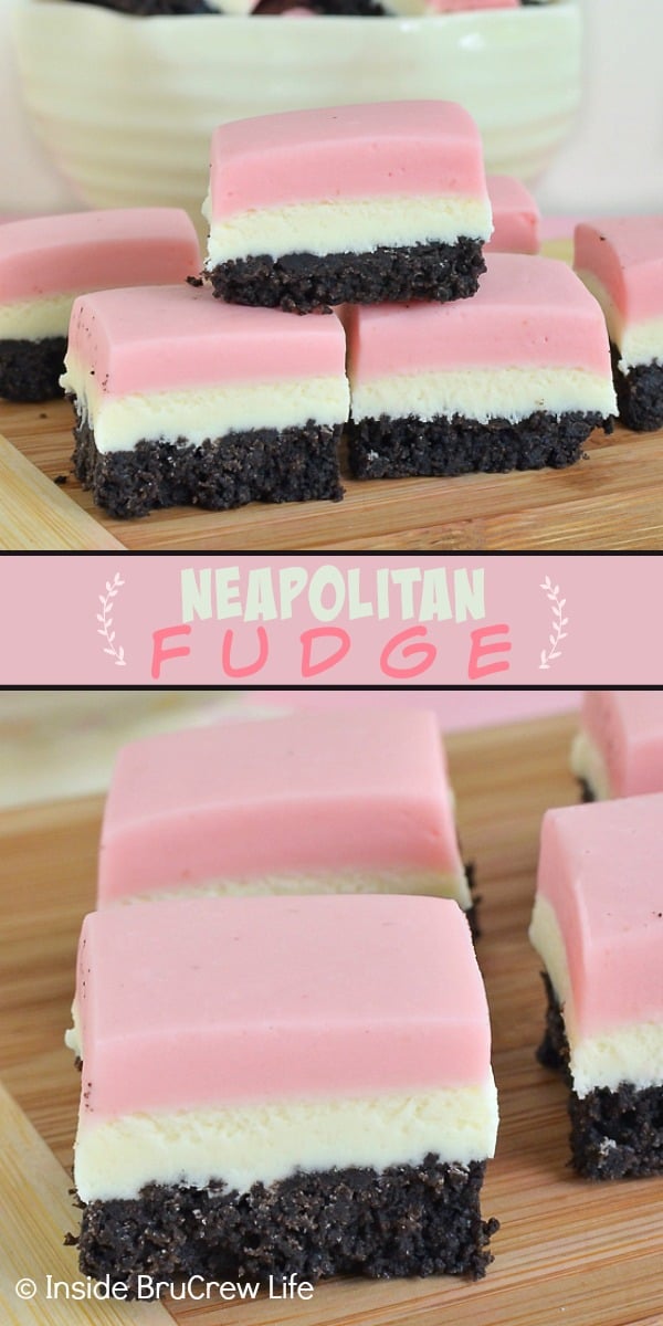 Two pictures of neapolitan fudge collaged together with a pink text box