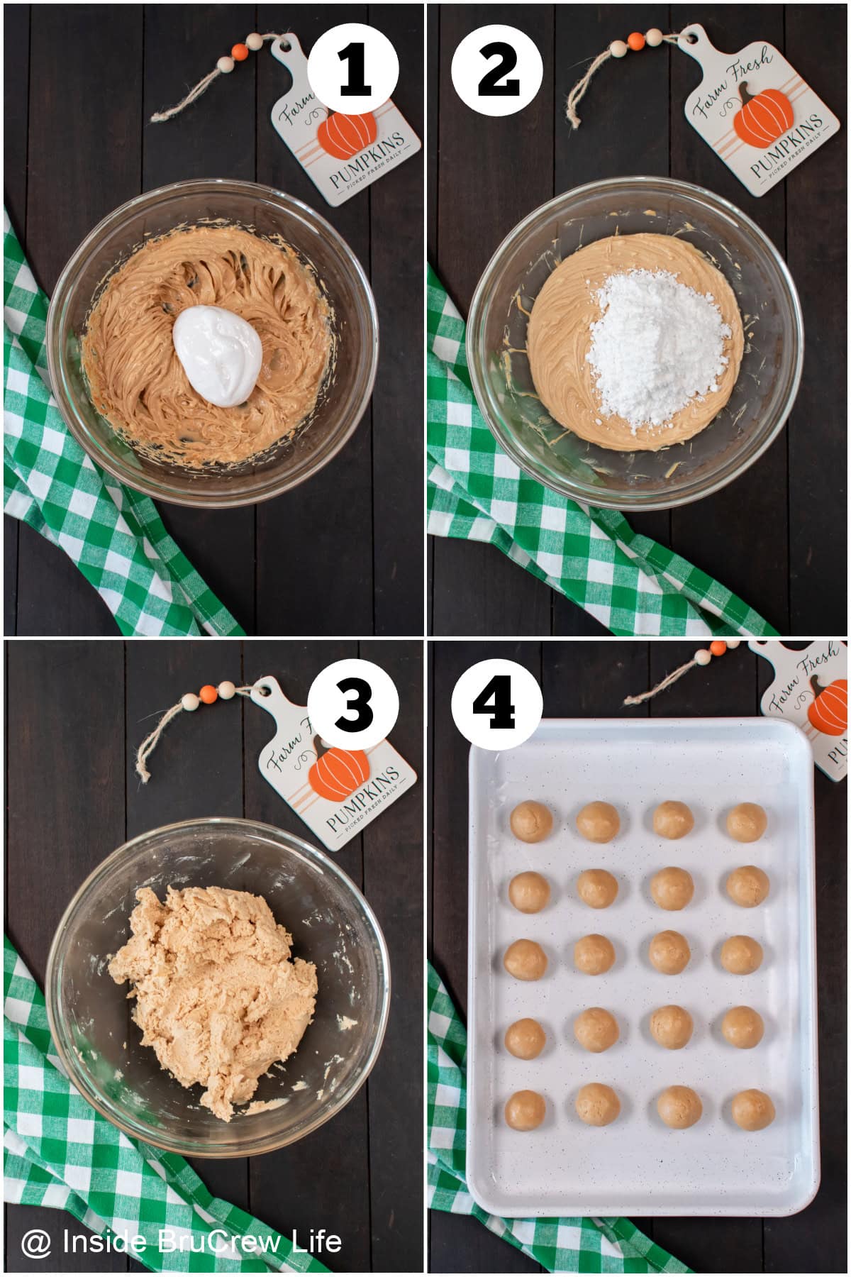 Four pictures collaged together showing how to make peanut butter truffles.