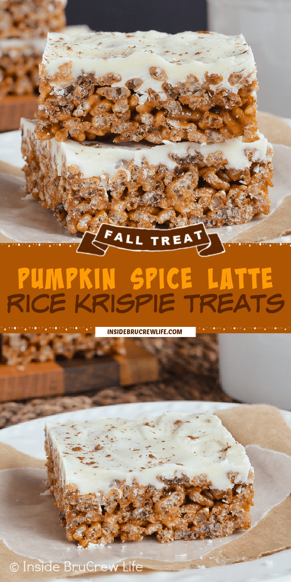Two pictures of pumpkin latte treats collaged together with a dark orange text box.
