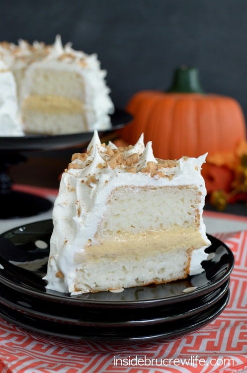 Pumpkin Toffee Angel Food Cake - layers of no bake pumpkin cheesecake and cake makes a great dessert. Easy recipe for fall dinners!