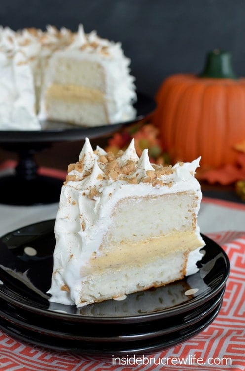 Pumpkin Toffee Angel Food Cake - this easy layer cake will impress everyone at dinner. Easy recipe to put together in minutes!