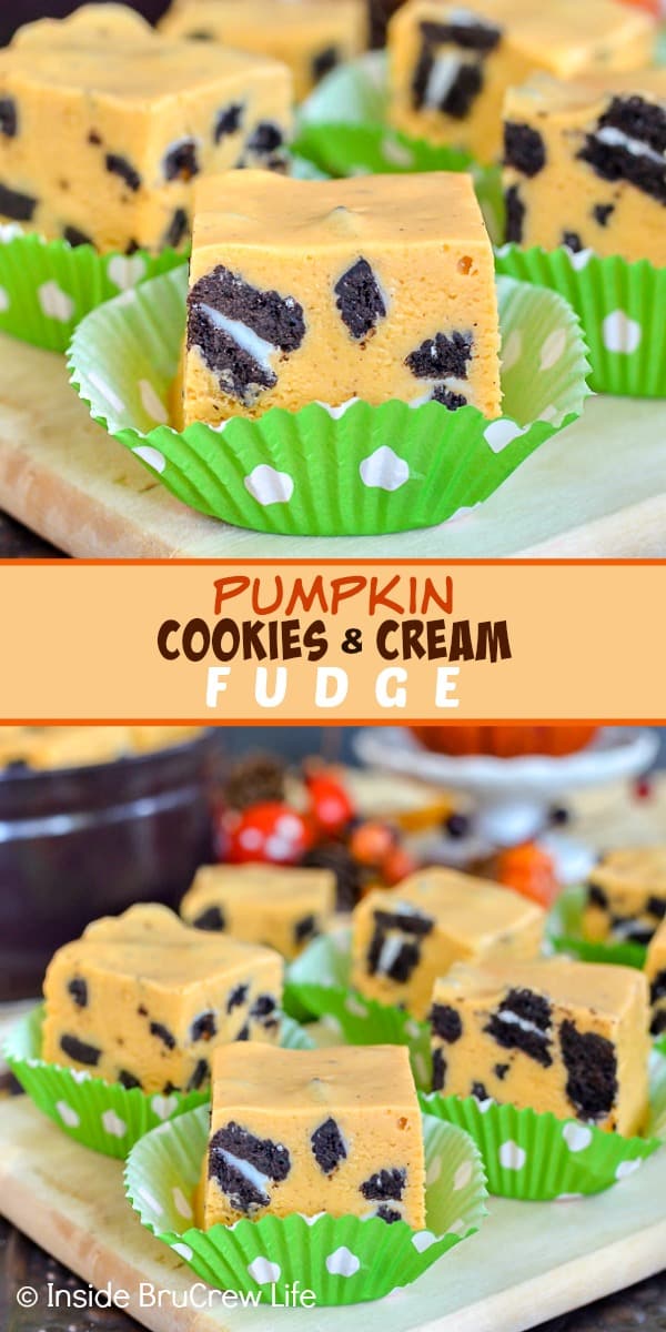 Pumpkin Cookies and Cream Fudge - this cookies and cream fudge gets a fun twist from the pumpkin flavor. Easy recipe to make for Thanksgiving. #fudge #nobake #pumpkin #cookiesandcream #thanksgiving