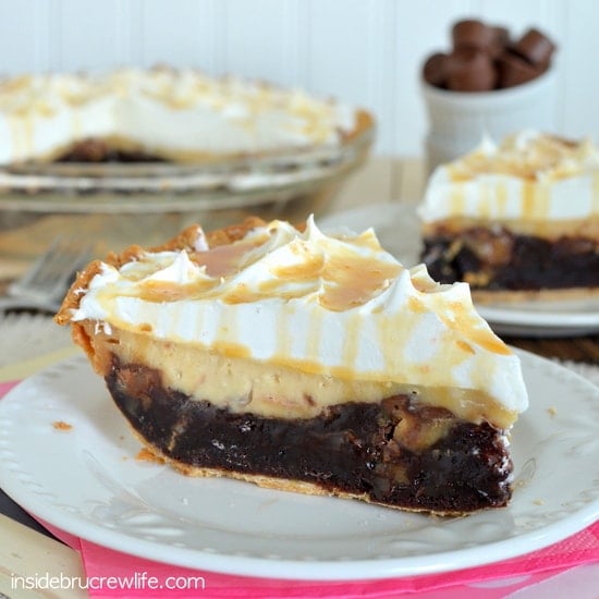 Layers of salted caramel cheesecake and brownie make this pie an amazing dessert!