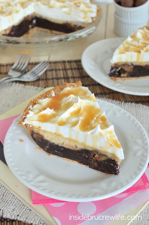 Layers of salted caramel cheesecake and brownie make this pie an amazing dessert!