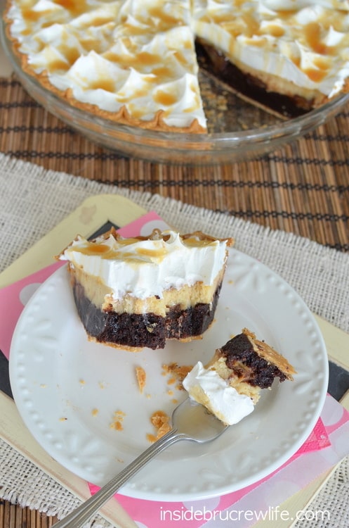 Layers of salted caramel cheesecake and brownie make this pie an amazing dessert!