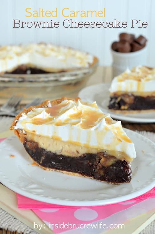 Layers of salted caramel cheesecake and brownie make this pie an amazing dessert!