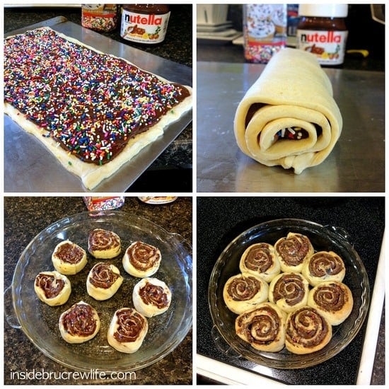 Four pictures showing how to roll crescent dough with chocolate.