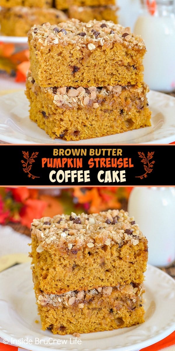 Two pictures of Brown Butter Pumpkin Streusel Coffee Cake collaged together with a black text box