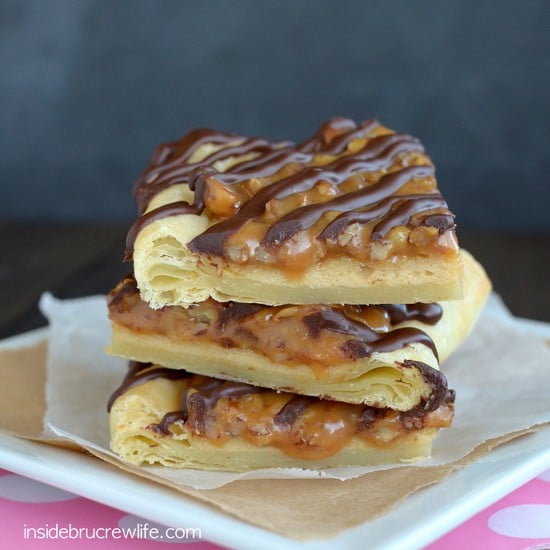 These puff pastry sheets filled with a maple cheesecake and a caramel pecan topping are a great holiday dessert.