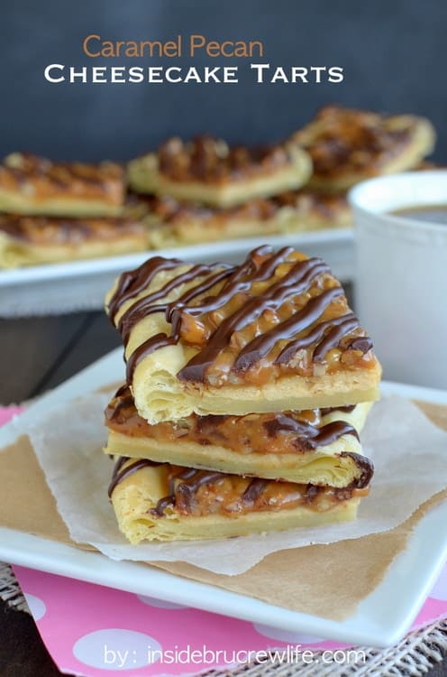 These puff pastry sheets filled with a maple cheesecake and a caramel pecan topping are a great holiday dessert.