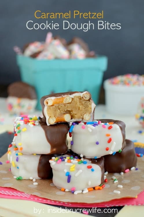 Caramel Pretzel Cookie Dough Bites from www.insidebrucrewlife.com - no bake caramel cookie dough in between pretzels and dipped in chocolate