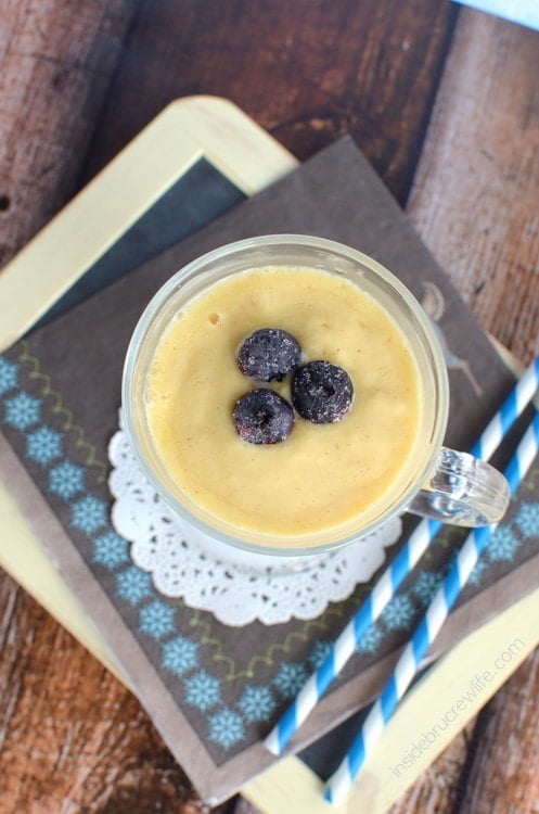 Coconut Mango Smoothie from www.insidebrucrewlife.com - coconut milk, frozen mangos, and protein powder for a delicious meal option