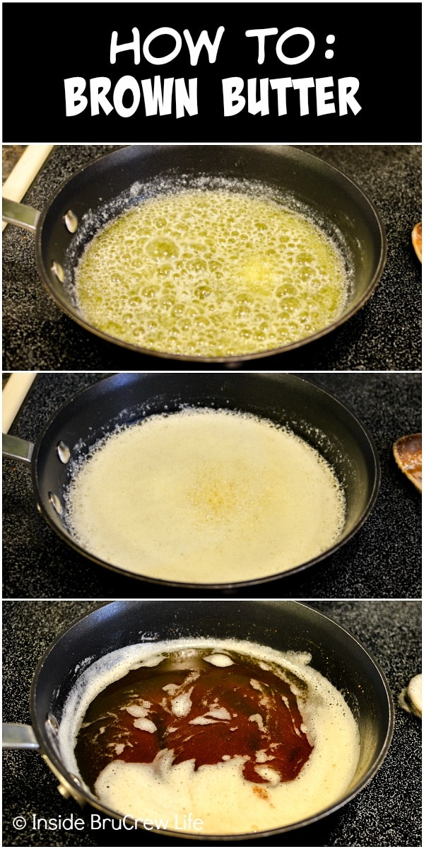 Three pictures of the different stages in browning butter collaged together