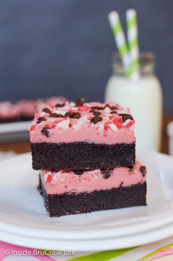 Close up of two Peppermint Chip Brownies.