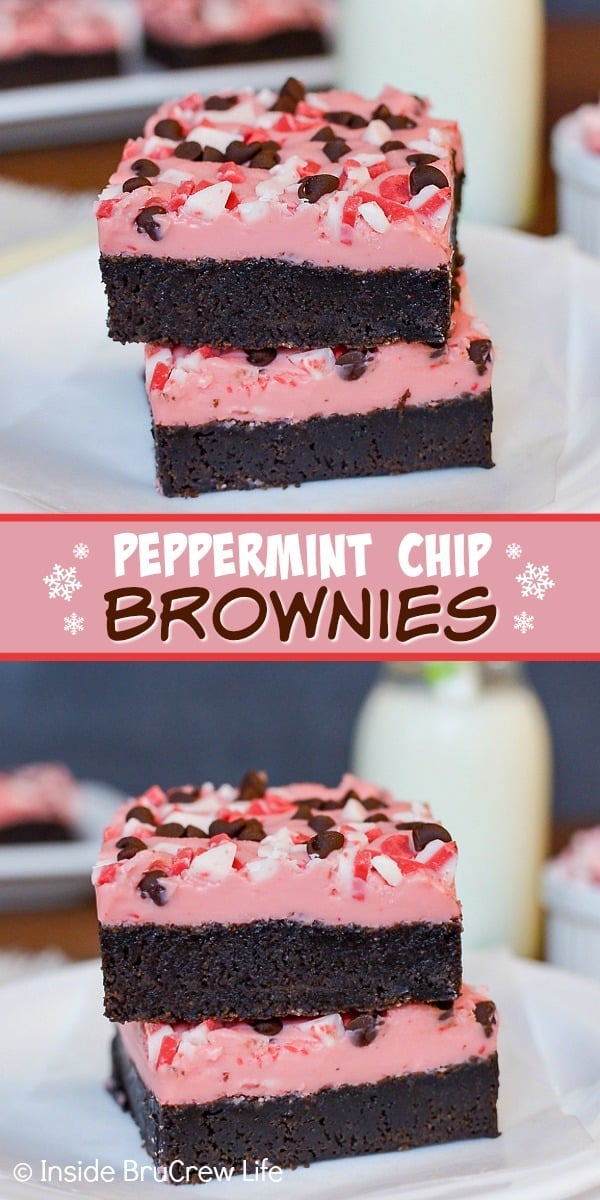 2 pictures of peppermint chip brownies separated by a text box.