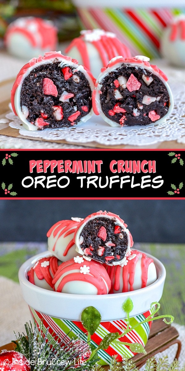 Two pictures of Peppermint Crunch Oreo Truffles collaged together with a black text box