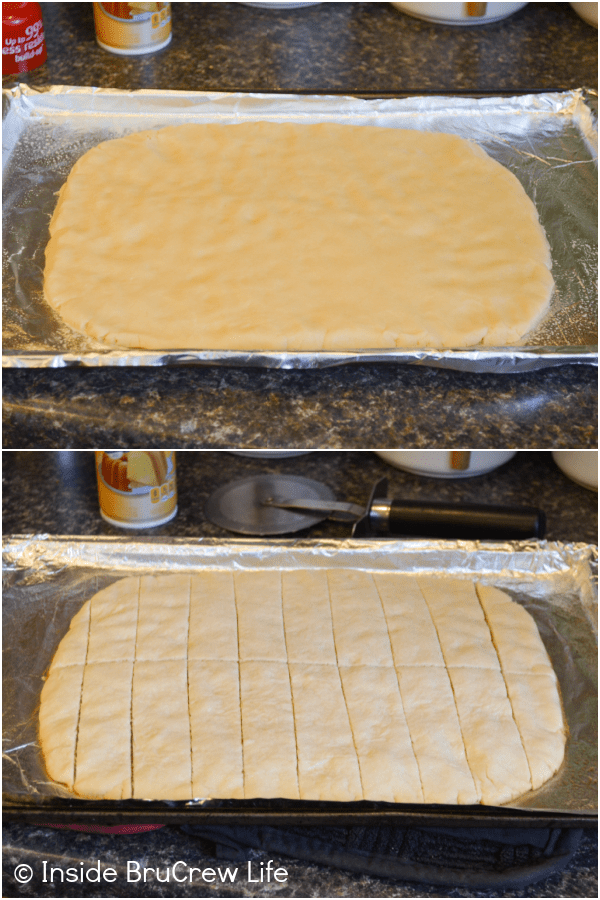 Two pictures collaged together showing how to bake shortbread dough on a sheet pan.