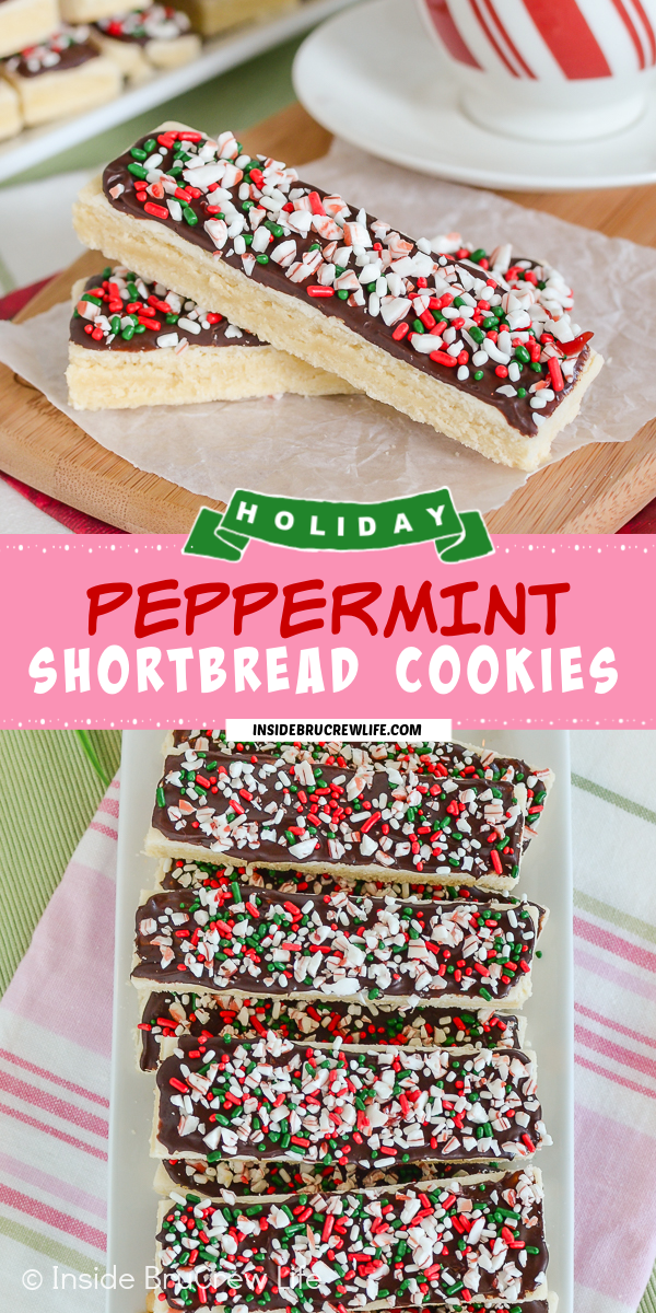 Two pictures of peppermint shortbread collaged together with a pink text box.