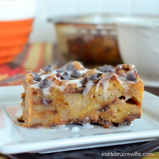 Pumpkin Chip French Toast Bake from www.insidebrucrewlife.com - easy french toast casserole with pumpkin and chocolate chips 