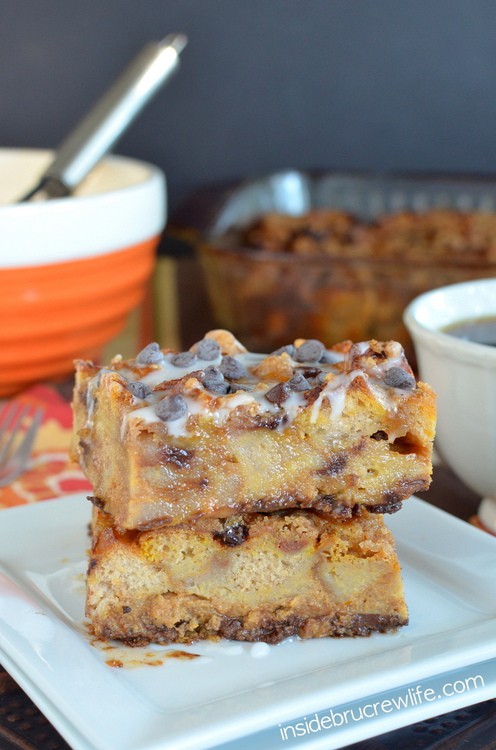 Pumpkin Chip French Toast Bake from www.insidebrucrewlife.com - easy french toast casserole with pumpkin and chocolate chips 