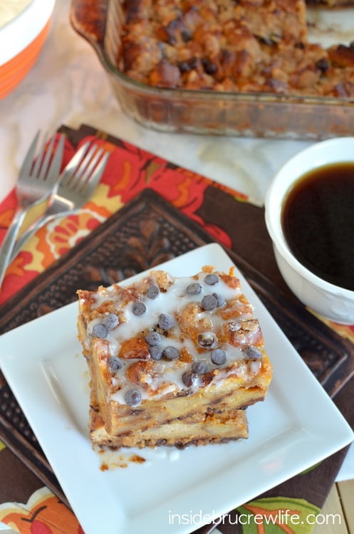 Pumpkin Chip French Toast Bake from www.insidebrucrewlife.com - easy french toast casserole with pumpkin and chocolate chips 