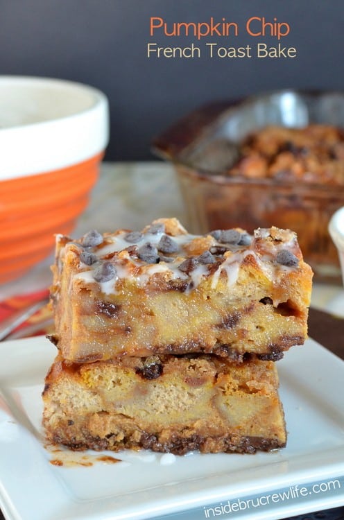 Pumpkin Chip French Toast Bake from www.insidebrucrewlife.com - easy french toast casserole with pumpkin and chocolate chips 