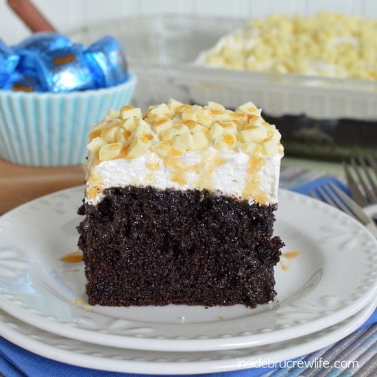 Chocolate, caramel, and candy bars make this cake an amazing dessert!  