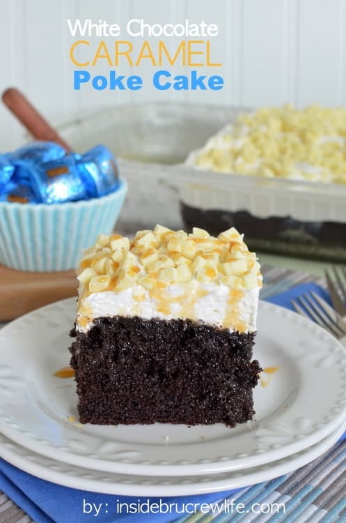 Chocolate, caramel, and candy bars make this cake an amazing dessert!  