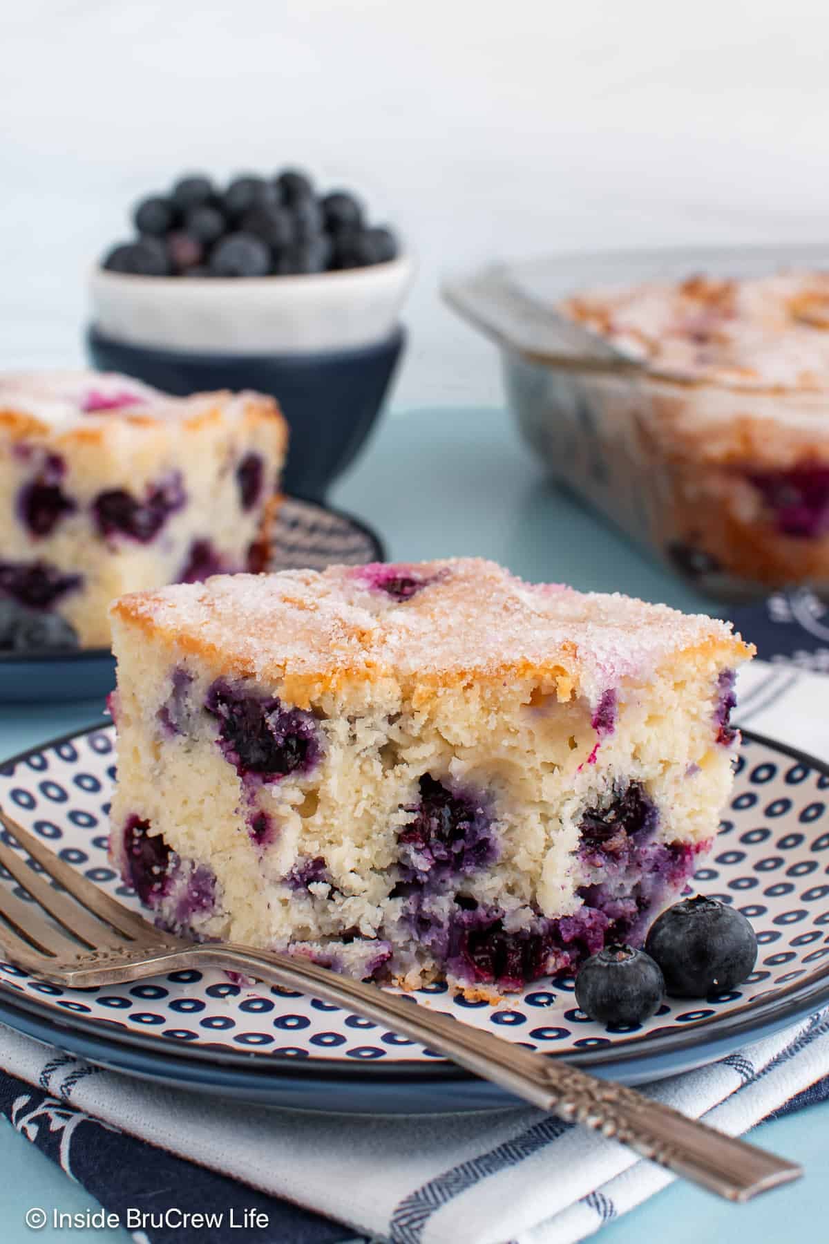 A piece of blueberry snack cake on a plate with a bite taken out if it.
