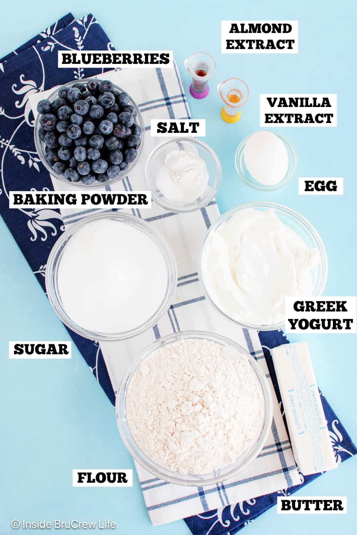 Ingredients for a blueberry snack cake with text labels.