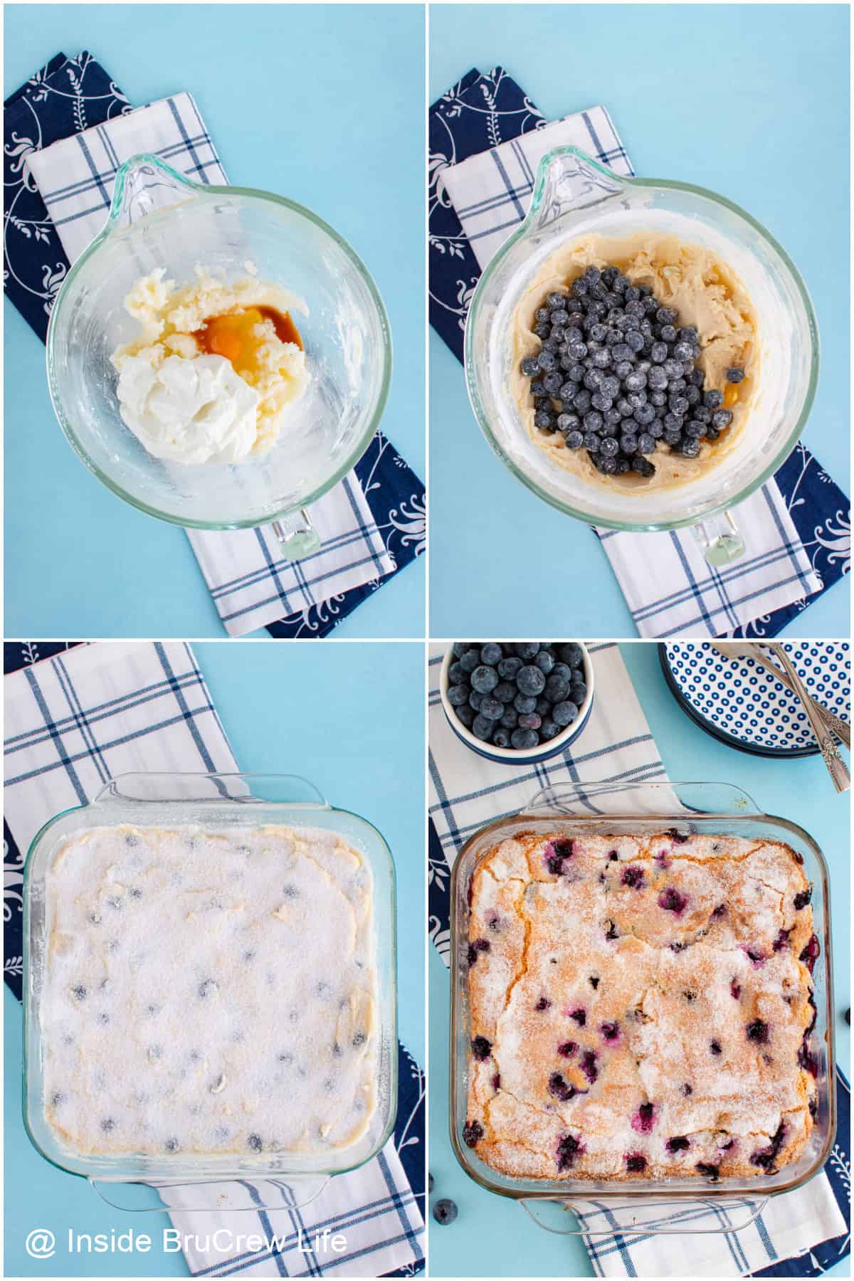 Step by step photos showing how to make a blueberry snack cake.