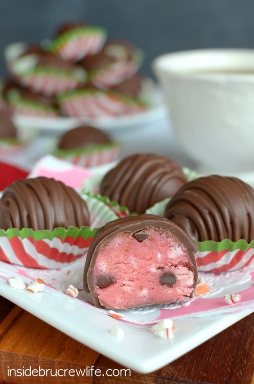 Candy canes and chocolate chips make these cookie dough truffles the perfect holiday treat!