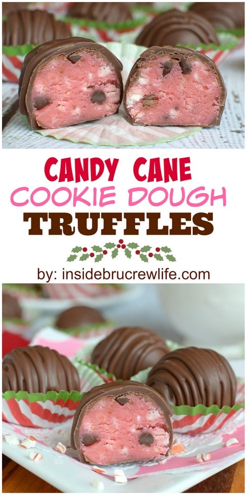 Candy canes and chocolate chips make these cookie dough truffles the perfect holiday treat!