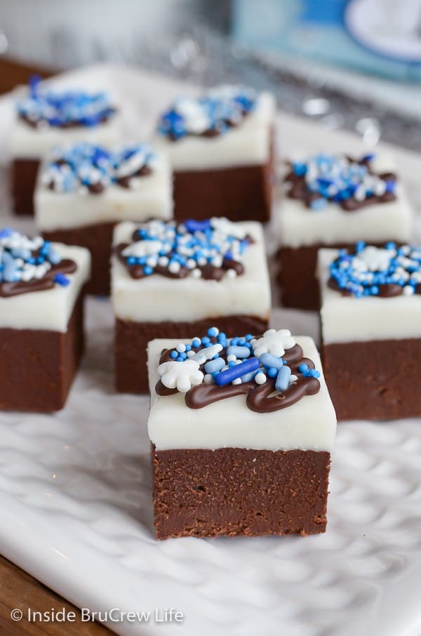 A close up picture of Chocolate Peppermint Fudge on a white plate.