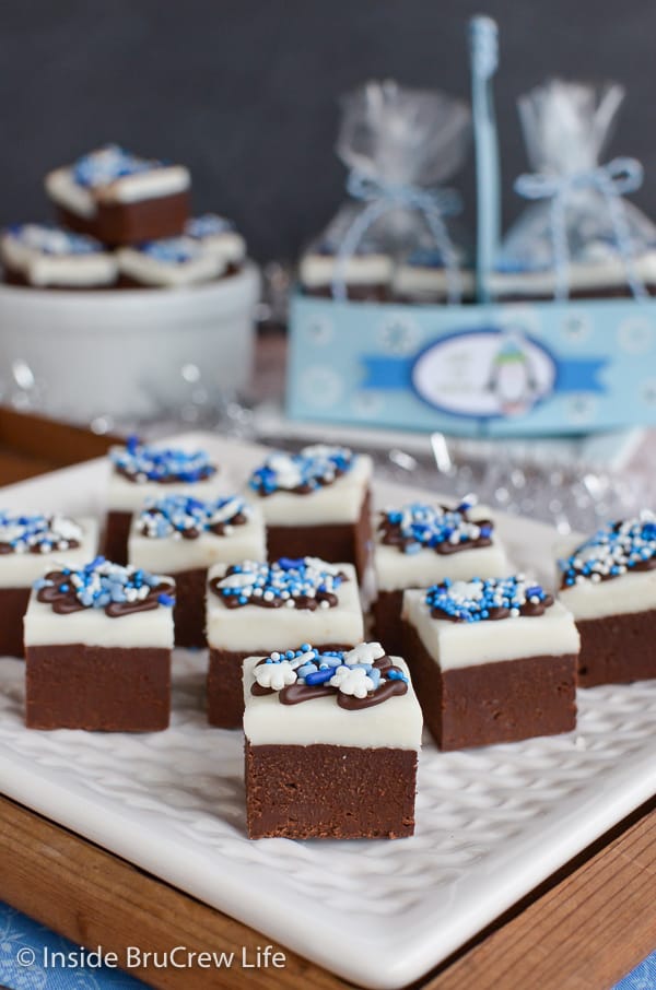 Chocolate Peppermint Fudge on a white plate with some fudge gift wrapped in the background.