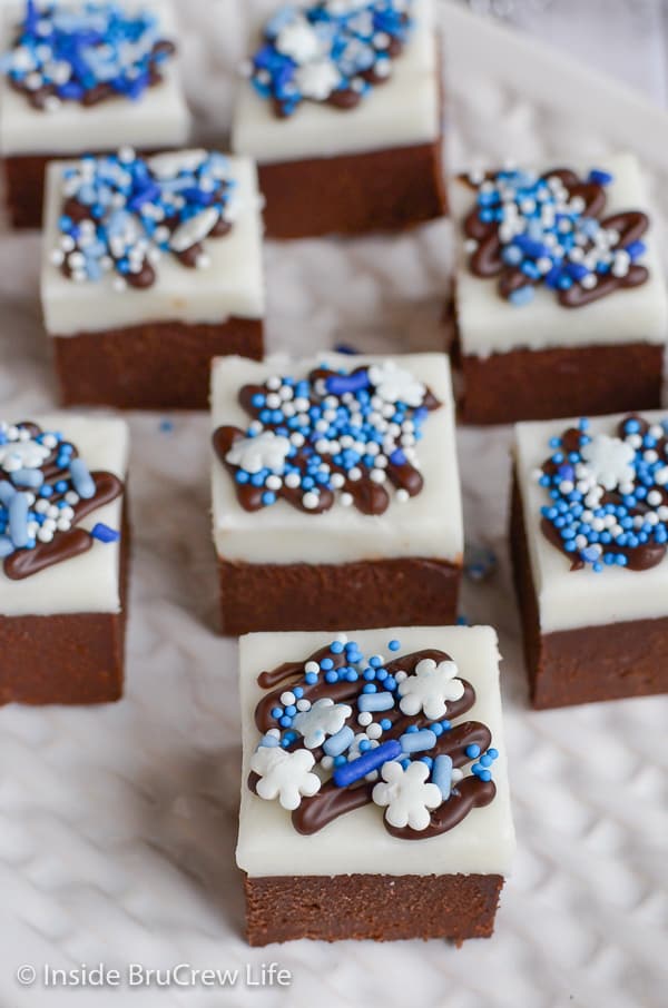An overhead picture of Chocolate Peppermint Fudge with white and blue sprinkles.