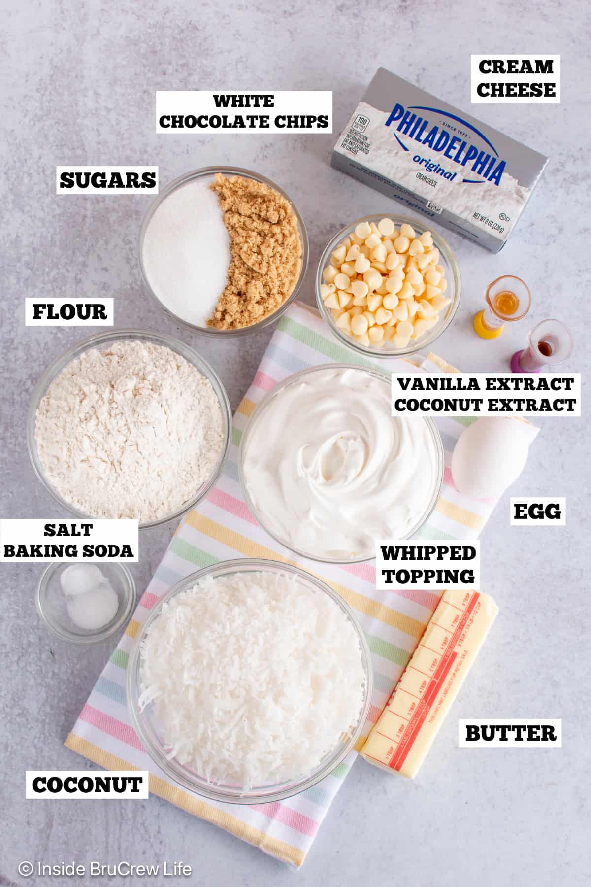 Coconut cream cookies ingredients with text labels.