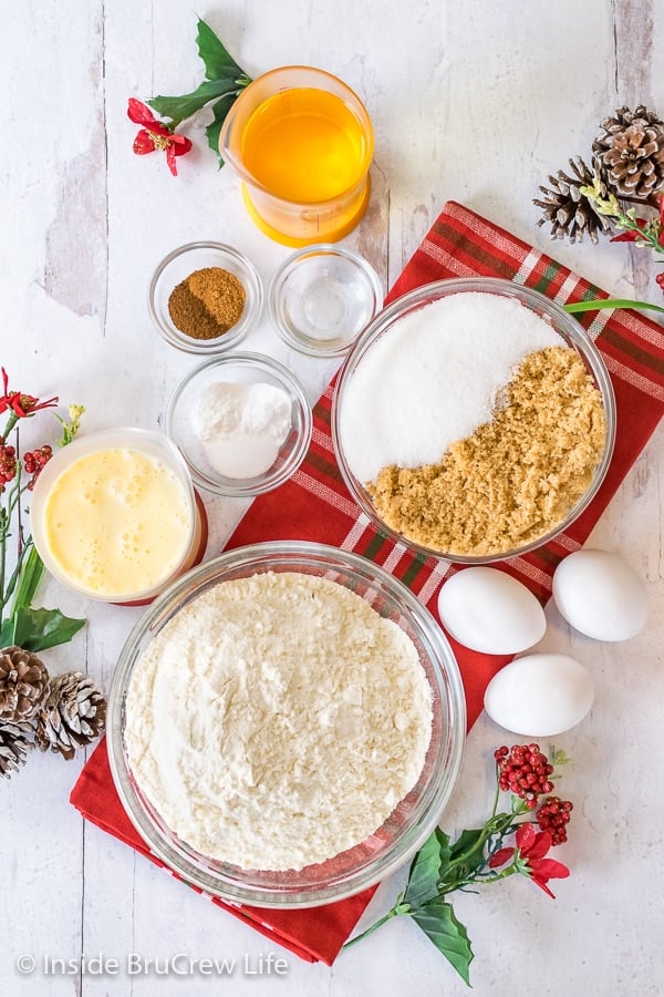 Overhead picture of all the ingredients needed to make a homemade eggnog bundt cake