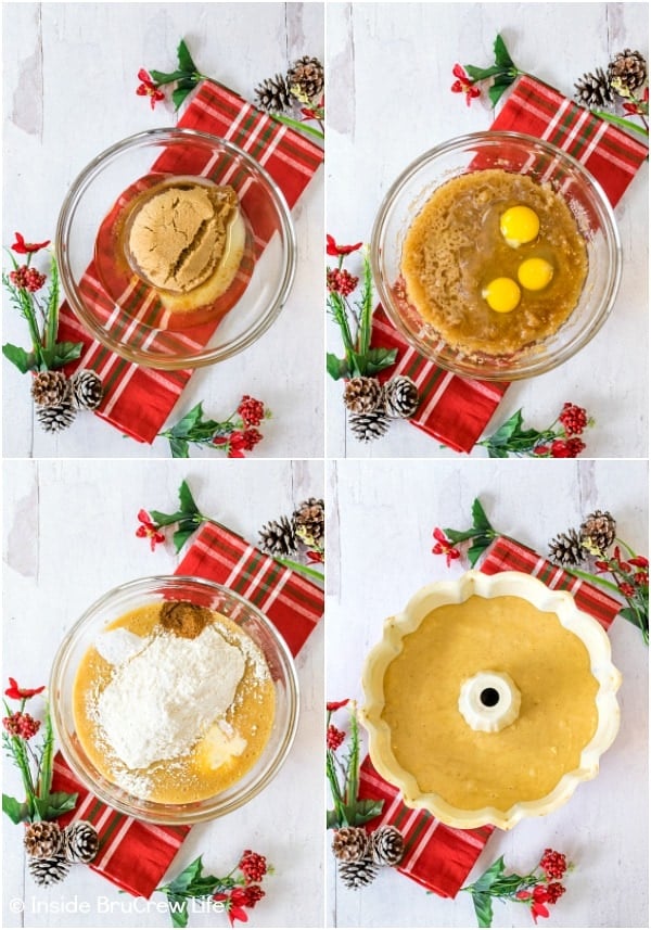 Four pictures showing how to make an eggnog bundt cake collaged together